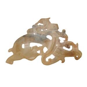 Large White Jade Stone Dragon Amulet Pendant Openwork Carved Chinese Style